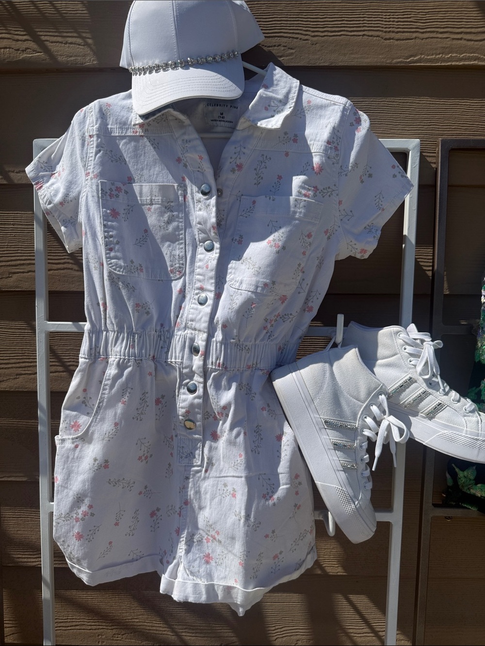 Celebrity Pink New White Romper button up with Pink and Gray Floral Print